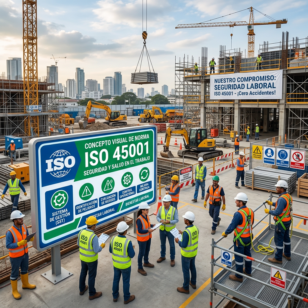 Construction workers reviewing ISO 45001 occupational health and safety standards at an active construction site