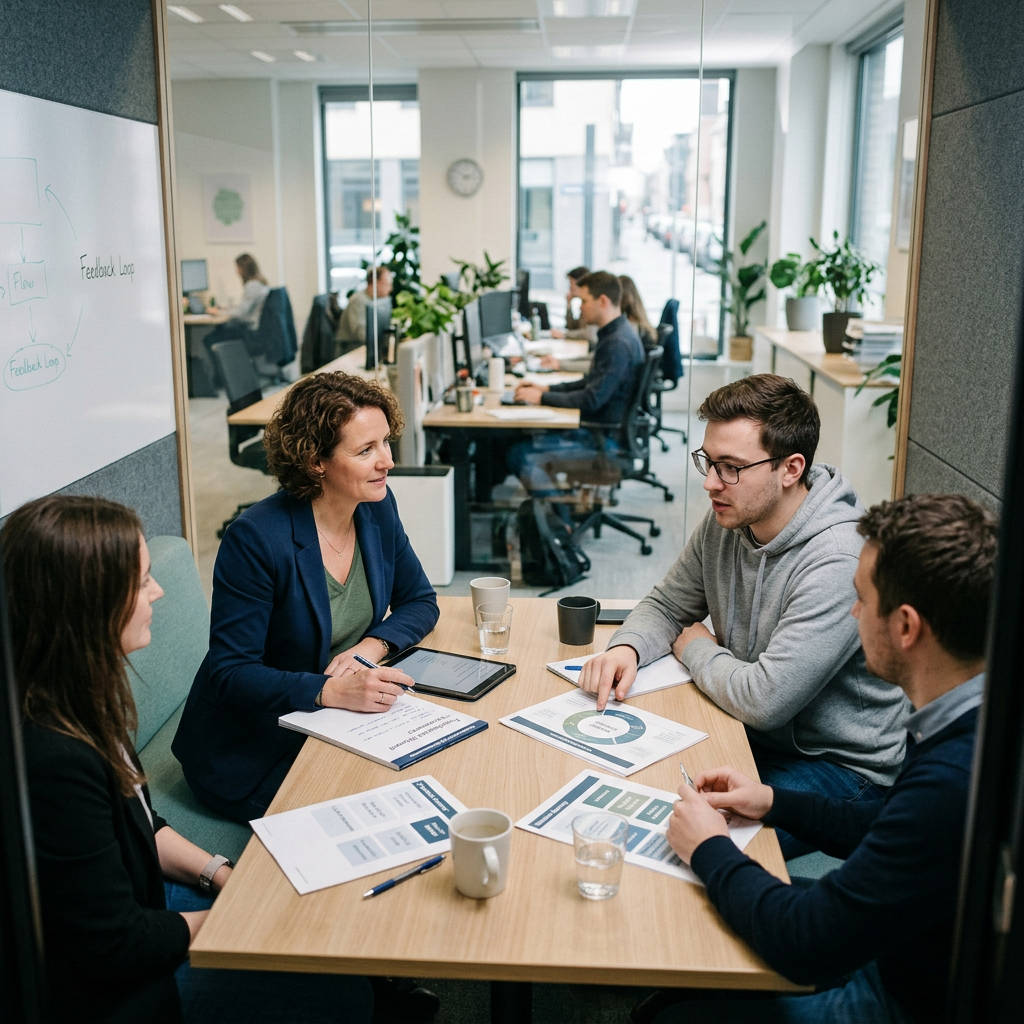Four people seated around a table discussing business charts and notes in an office