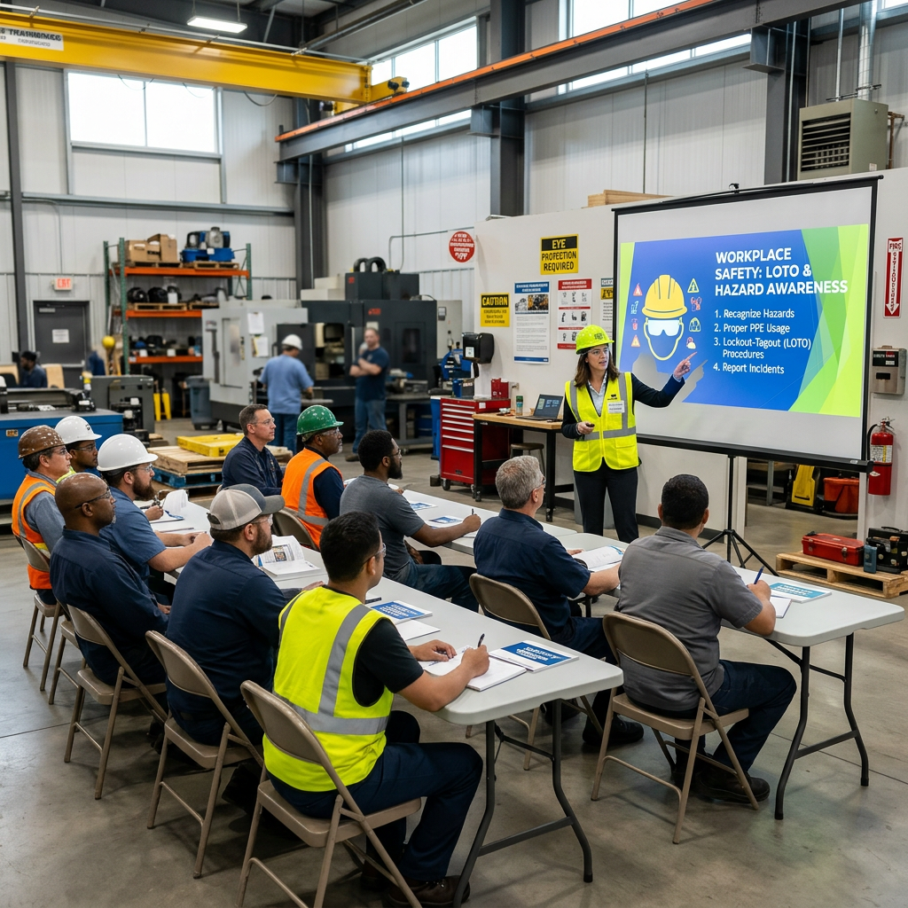 Workers in safety gear attending a workplace safety training session with a presenter pointing at a screen