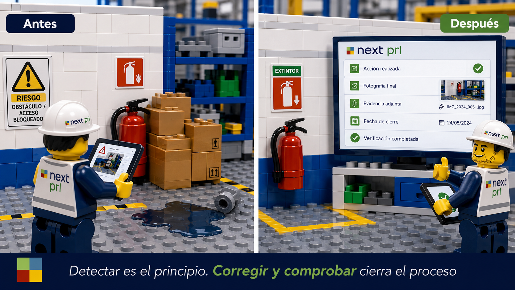 Comparativa antes y después de una inspección de seguridad: acceso al extintor bloqueado por cajas y, tras la corrección, extintor despejado y señalizado con la acción cerrada y verificada en NEXT PRL