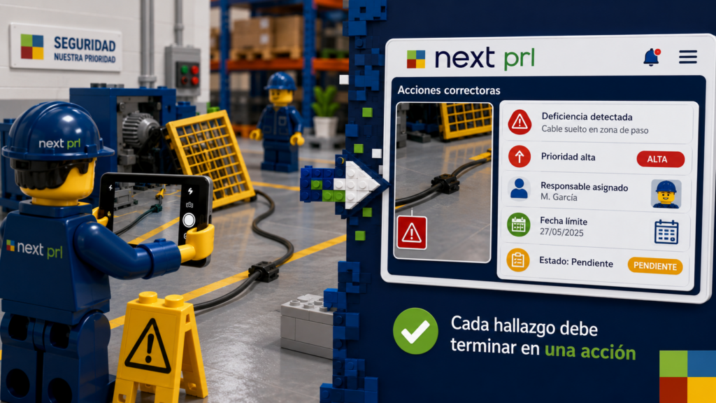 Técnico de prevención fotografiando con una tablet un cable suelto en una zona de paso, junto al panel de NEXT PRL con la deficiencia detectada, la prioridad, el responsable asignado y la fecha límite