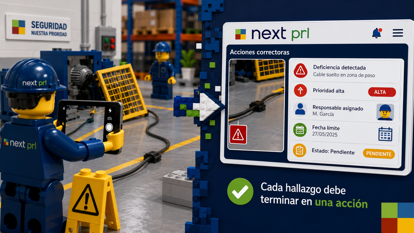 Técnico de prevención fotografiando con una tablet un cable suelto en una zona de paso, junto al panel de NEXT PRL con la deficiencia detectada, la prioridad, el responsable asignado y la fecha límite