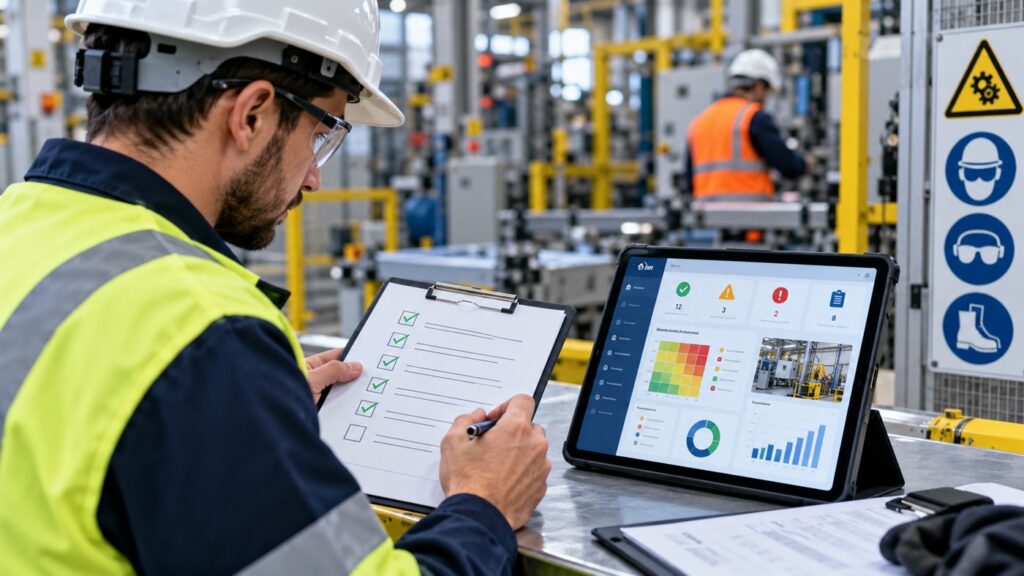 Técnico de prevención en planta revisando un checklist junto a una tableta con la matriz de evaluación de riesgos