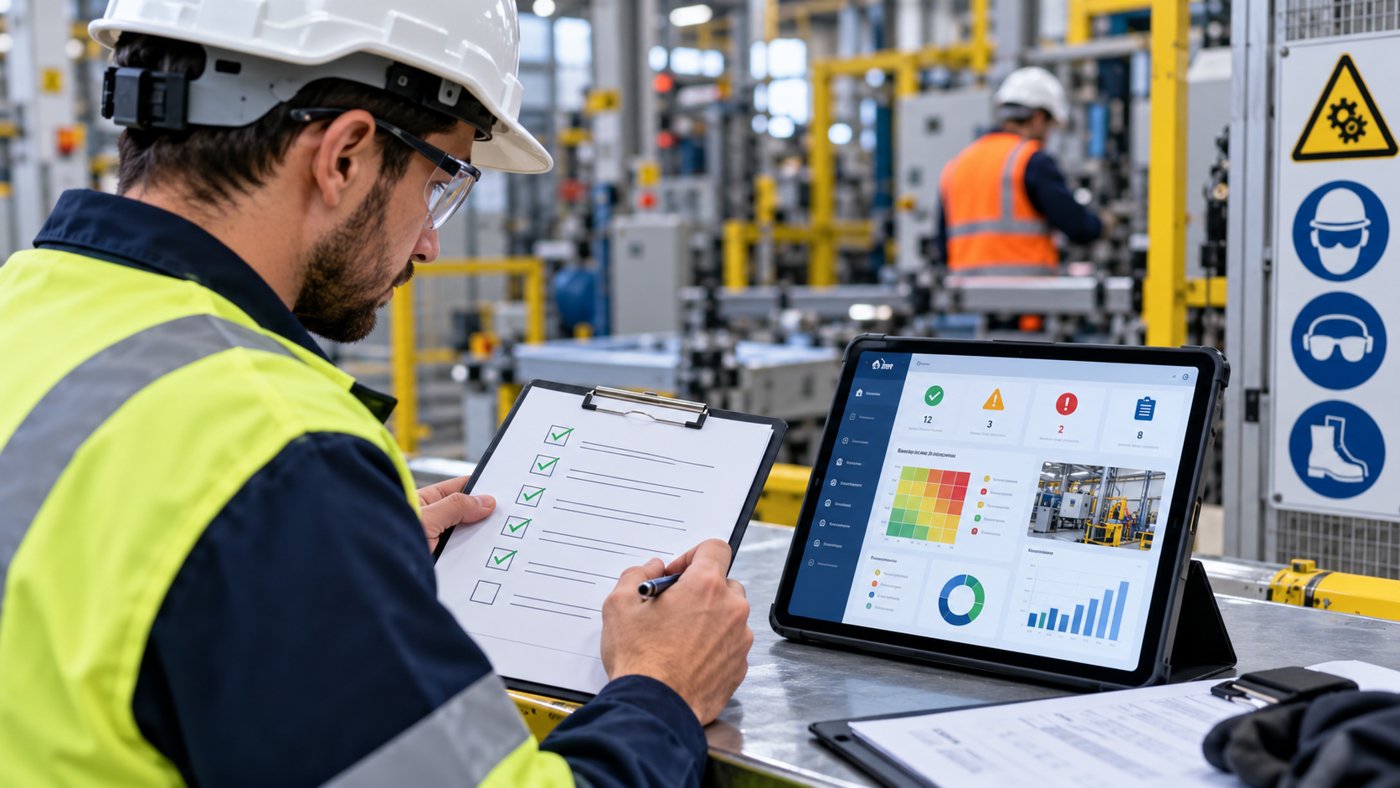 Técnico de prevención en planta revisando un checklist junto a una tableta con la matriz de evaluación de riesgos