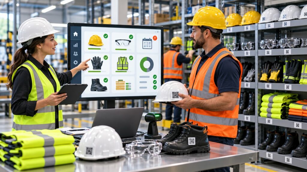 Técnica de prevención revisando en pantalla los EPIs asignados a un trabajador en un almacén de equipos de protección