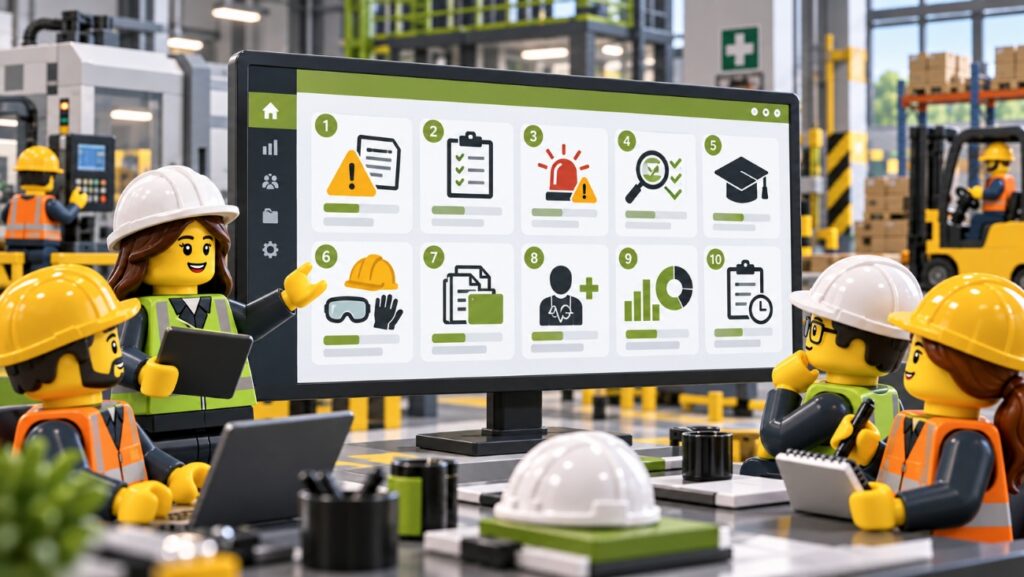 Técnicos de prevención revisando en pantalla los módulos de un software de PRL