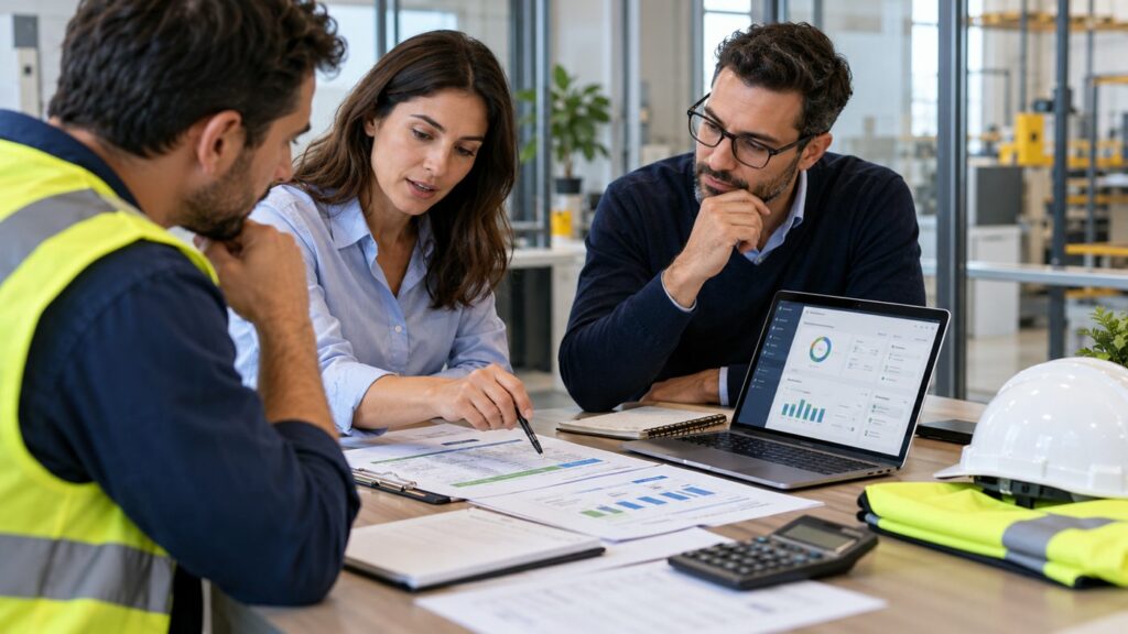 Técnicos y responsables comparando presupuestos de software de PRL con portátil y calculadora