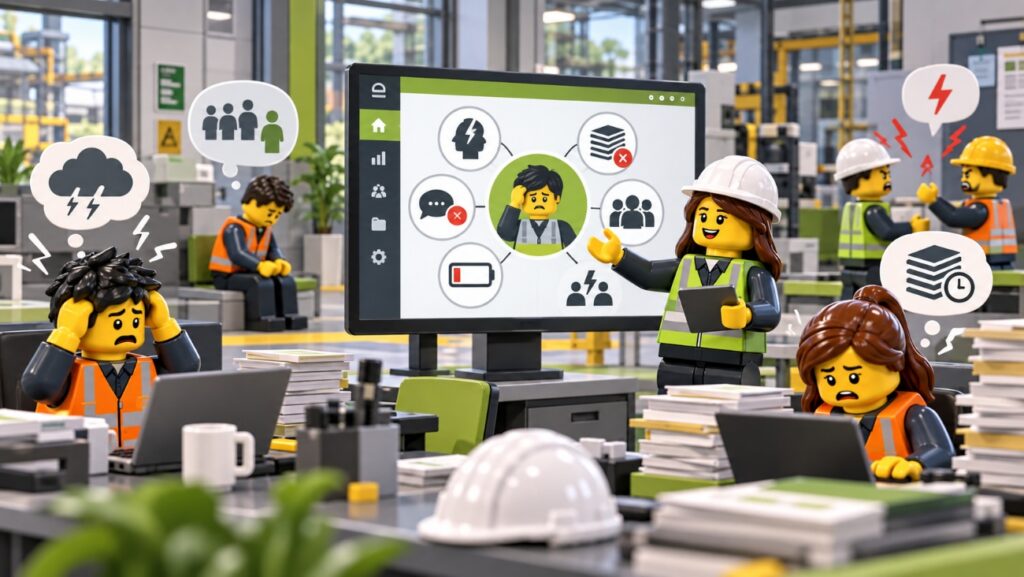 Técnica de prevención presentando en pantalla un panel de software de PRL a trabajadores de una oficina