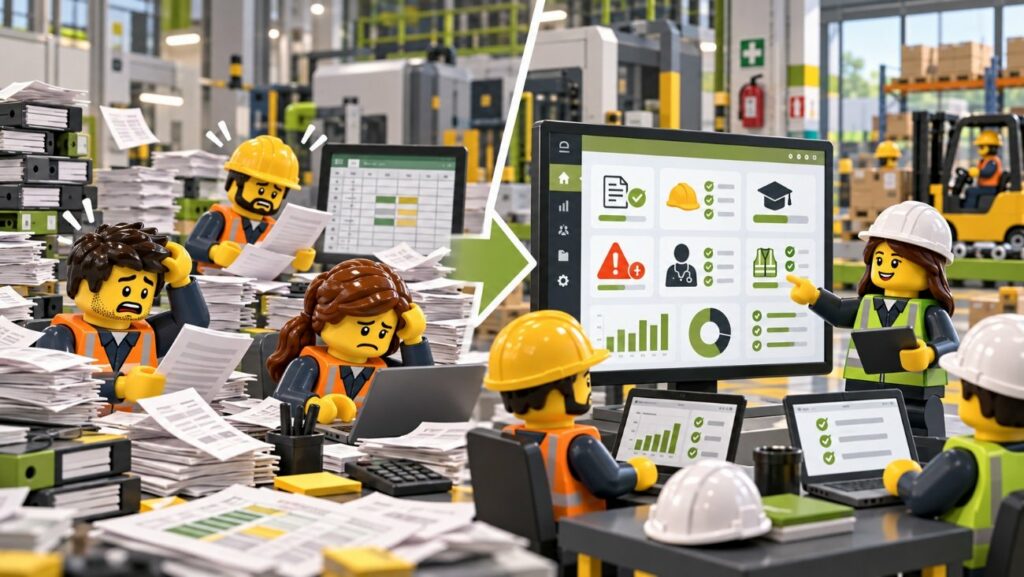 Técnicos de un servicio de prevención pasando de la gestión en papel a un panel de software de PRL
